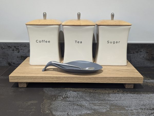 20cm depth oak riser with coffee pots and teaspoon