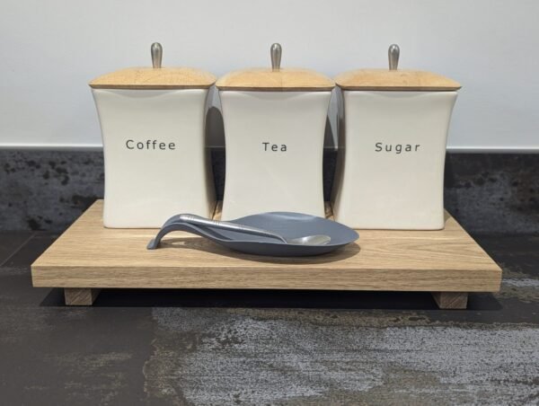 20cm depth oak riser with coffee pots and teaspoon