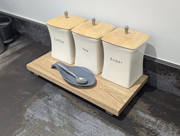 20cm depth oak riser with coffee pots and teaspoon angled image