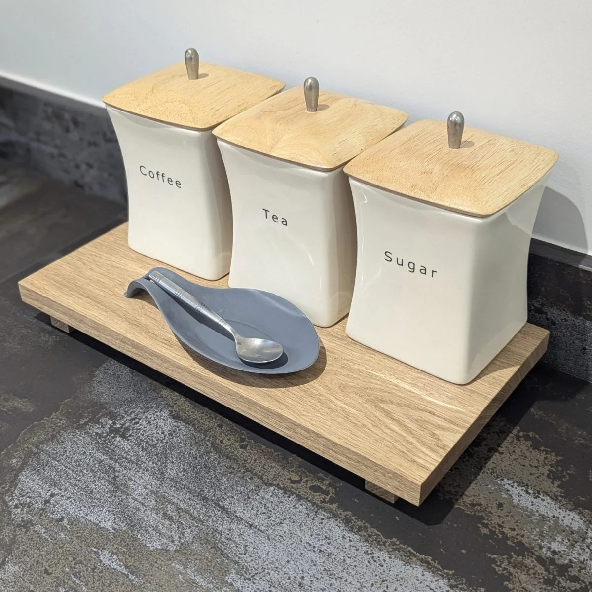 20cm depth oak riser with coffee pots and teaspoon angled image