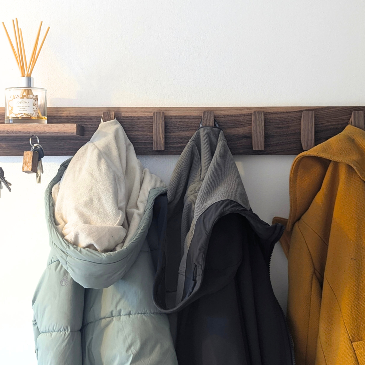 Solid Black Walnut Coat Rack With Shelf & Key Holders - with coats