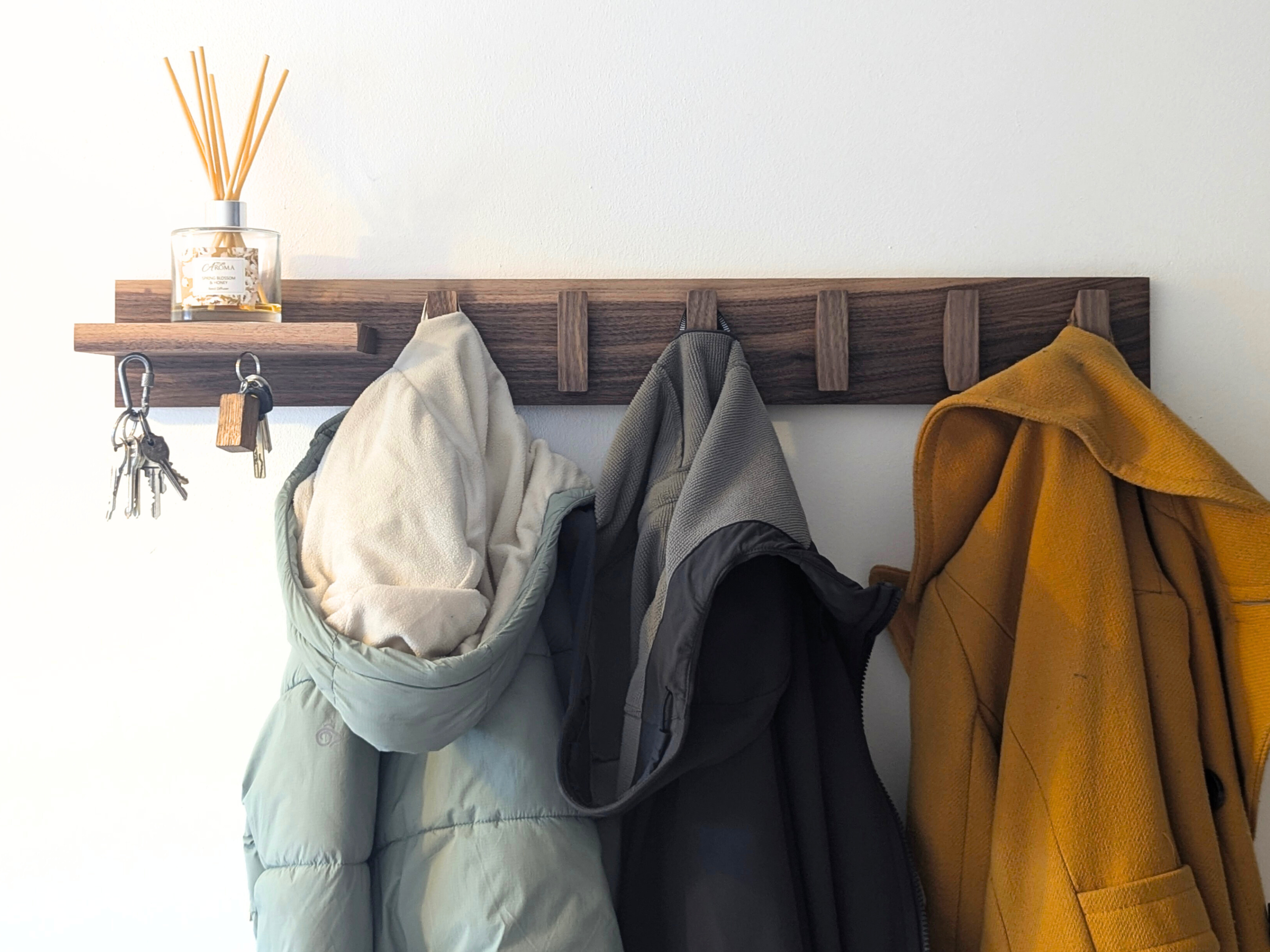 Solid Black Walnut Coat Rack With Shelf & Key Holders - with coats