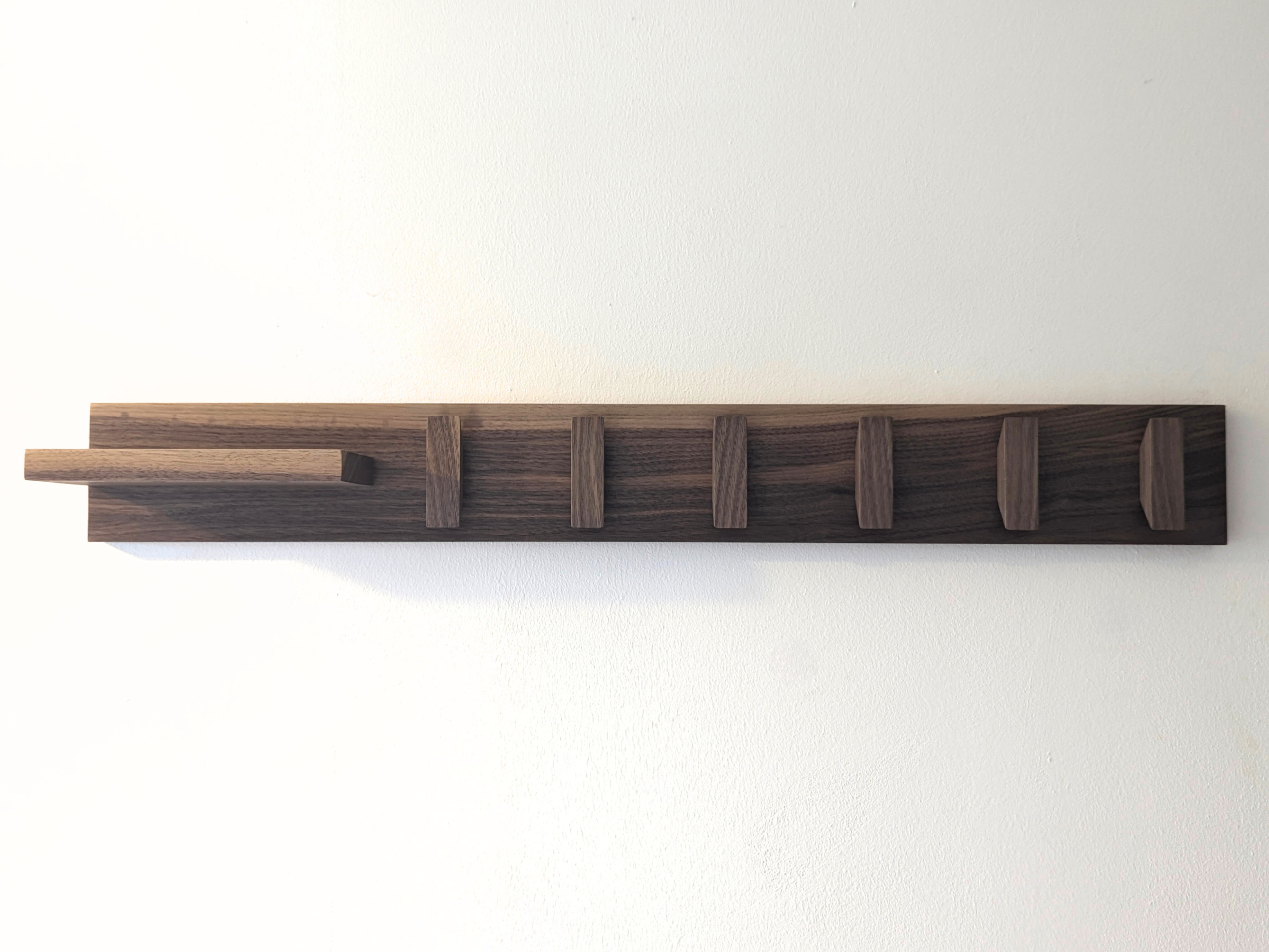Solid Black Walnut Coat Rack With Shelf & Key Holders - closer view
