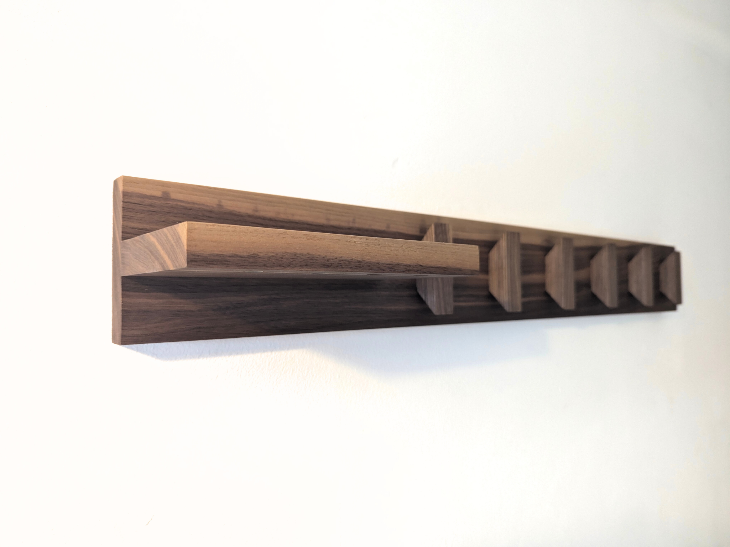 Solid Black Walnut Coat Rack With Shelf & Key Holders - angled view