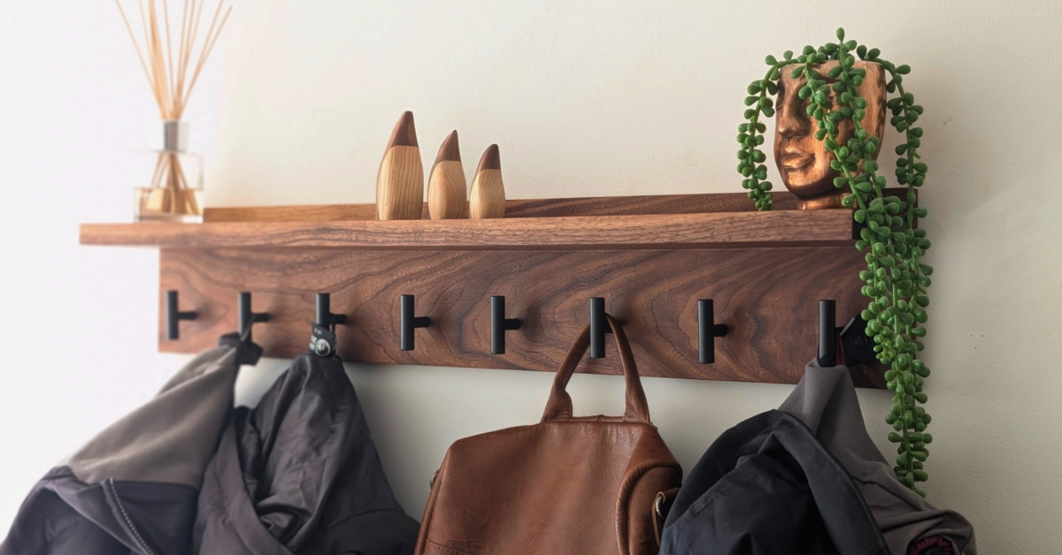 Modern Black Walnut Coat Rack With Shelf