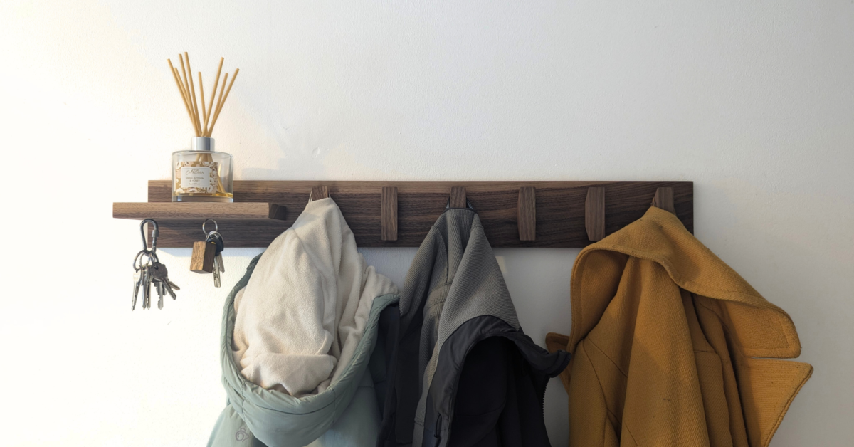 Solid Black Walnut Coat Rack With Shelf & Key Holders