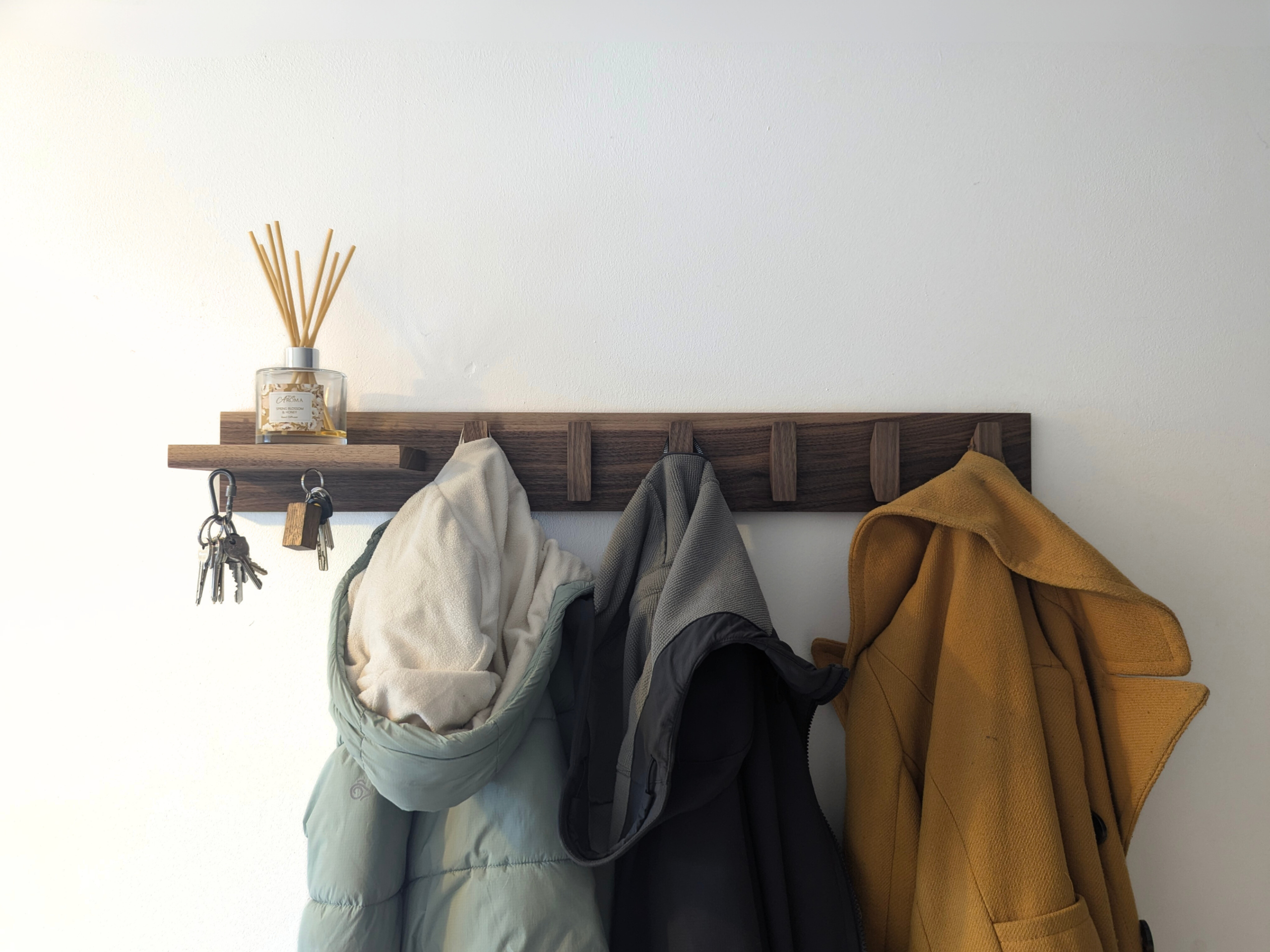 Solid Black Walnut Coat Rack With Shelf & Key Holders - wide view