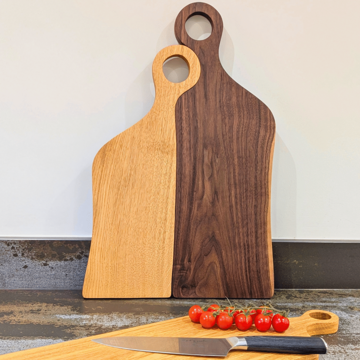 Romeo & Juliet serving boards stood up in kitchen