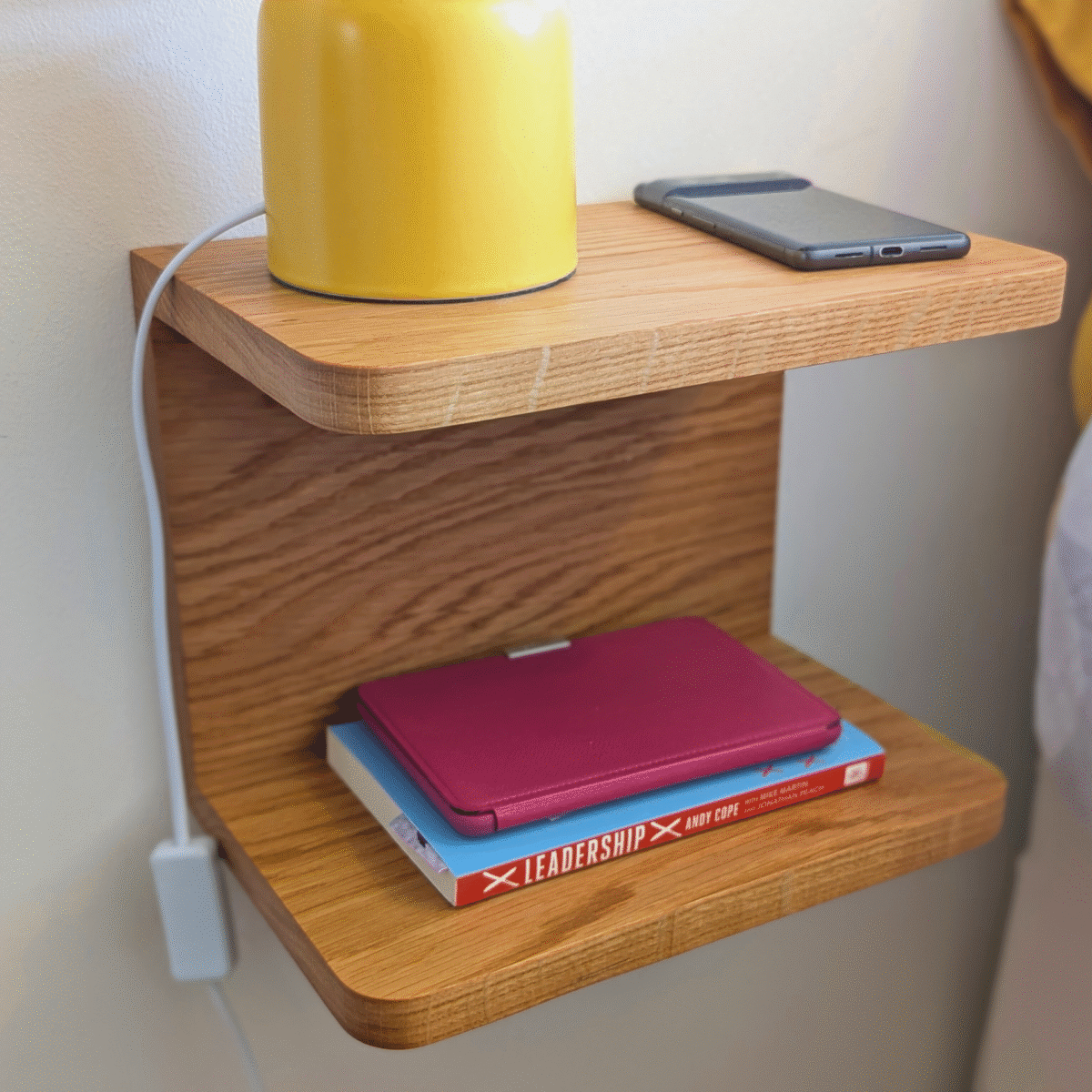 Solid Oak Floating Bedside Shelf with items