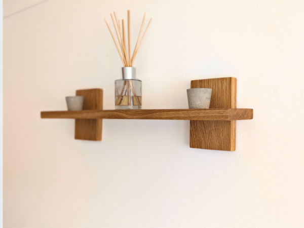 Modern Solid Oak Scandi Floating Shelf angled image with ornaments