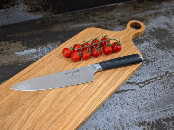 Solid Oak Chopping Board with tomatoes and knife