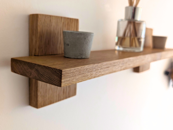 Modern Solid Oak Scandi Floating Shelf angled image with ornaments
