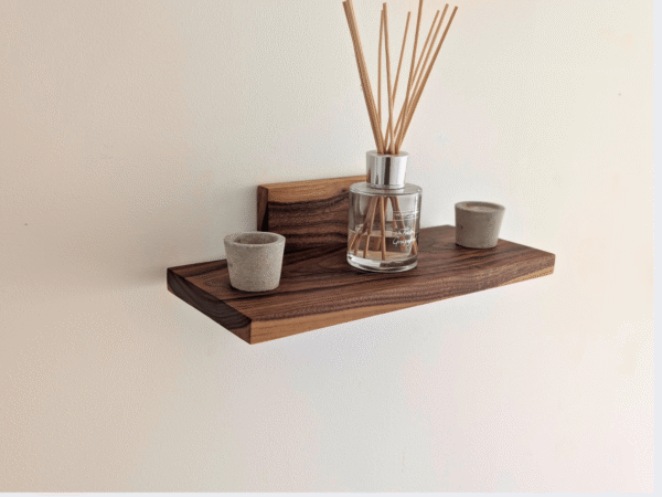 Scandi Inspired walnut Shelf angled image with ornaments