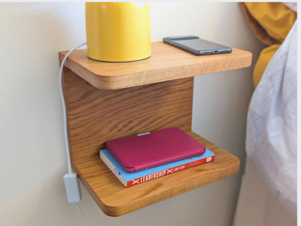 Solid Oak Floating Bedside Shelf angled image with lamp and books