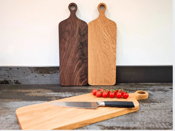 Solid Oak serving platters with tomatoes and knife