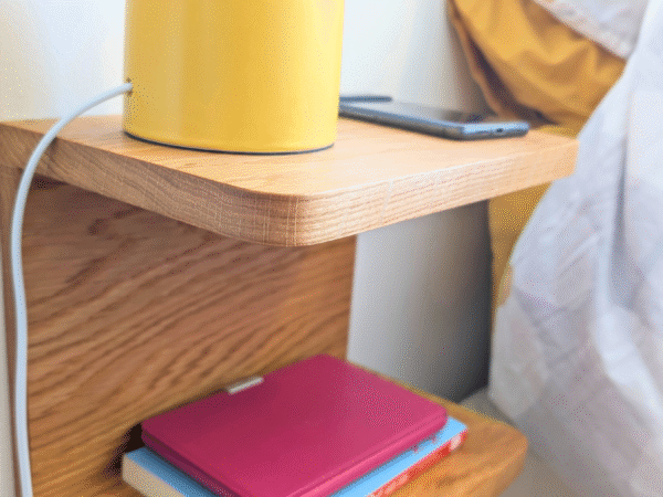 Solid Oak Floating Bedside Shelf angled closeup