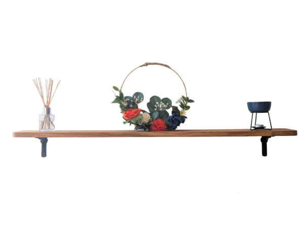 oak shelf with ornaments