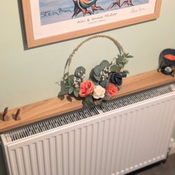 120cm no drill oak radiator shelf 10cm depth - angled image