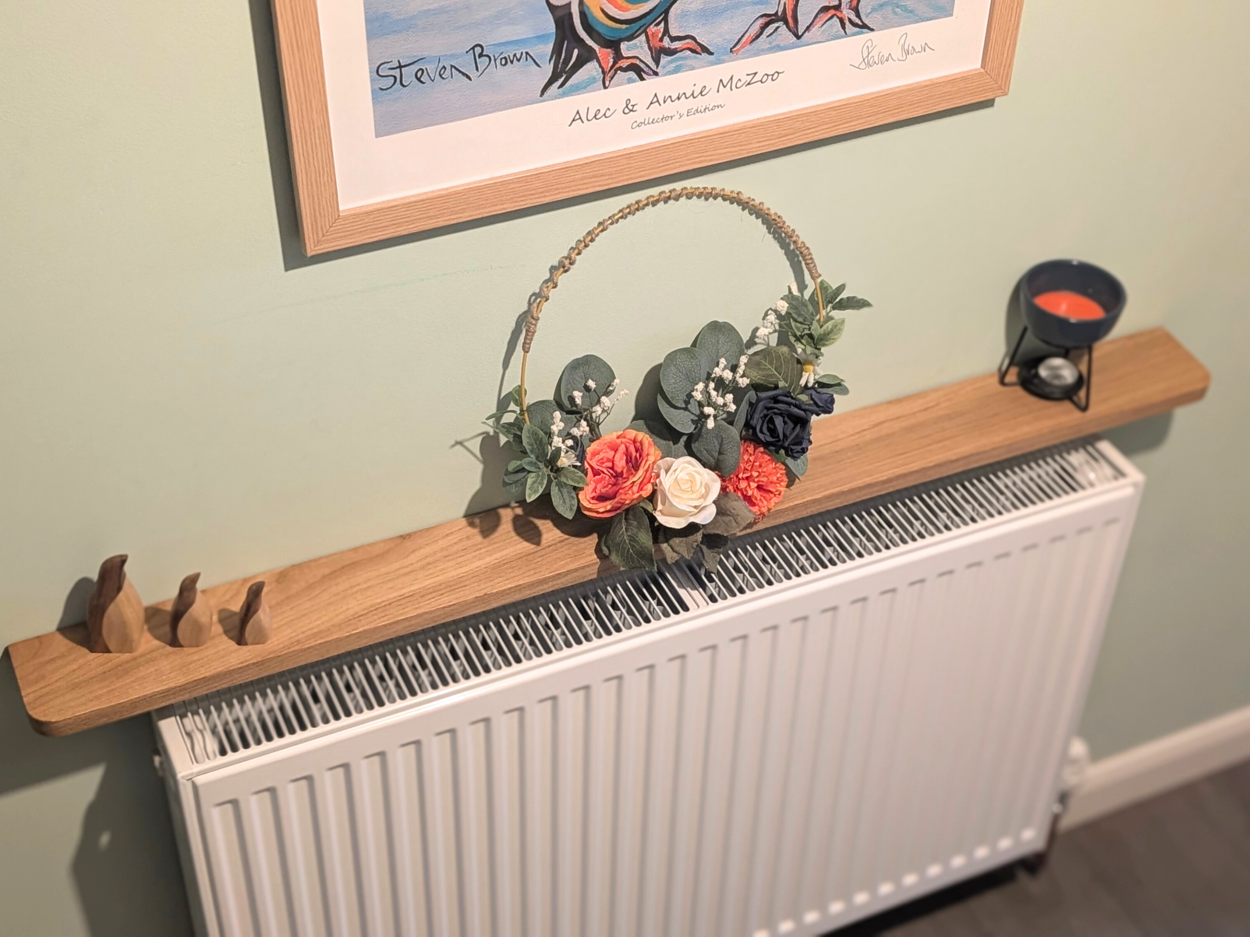 120cm no drill oak radiator shelf 10cm depth - angled image