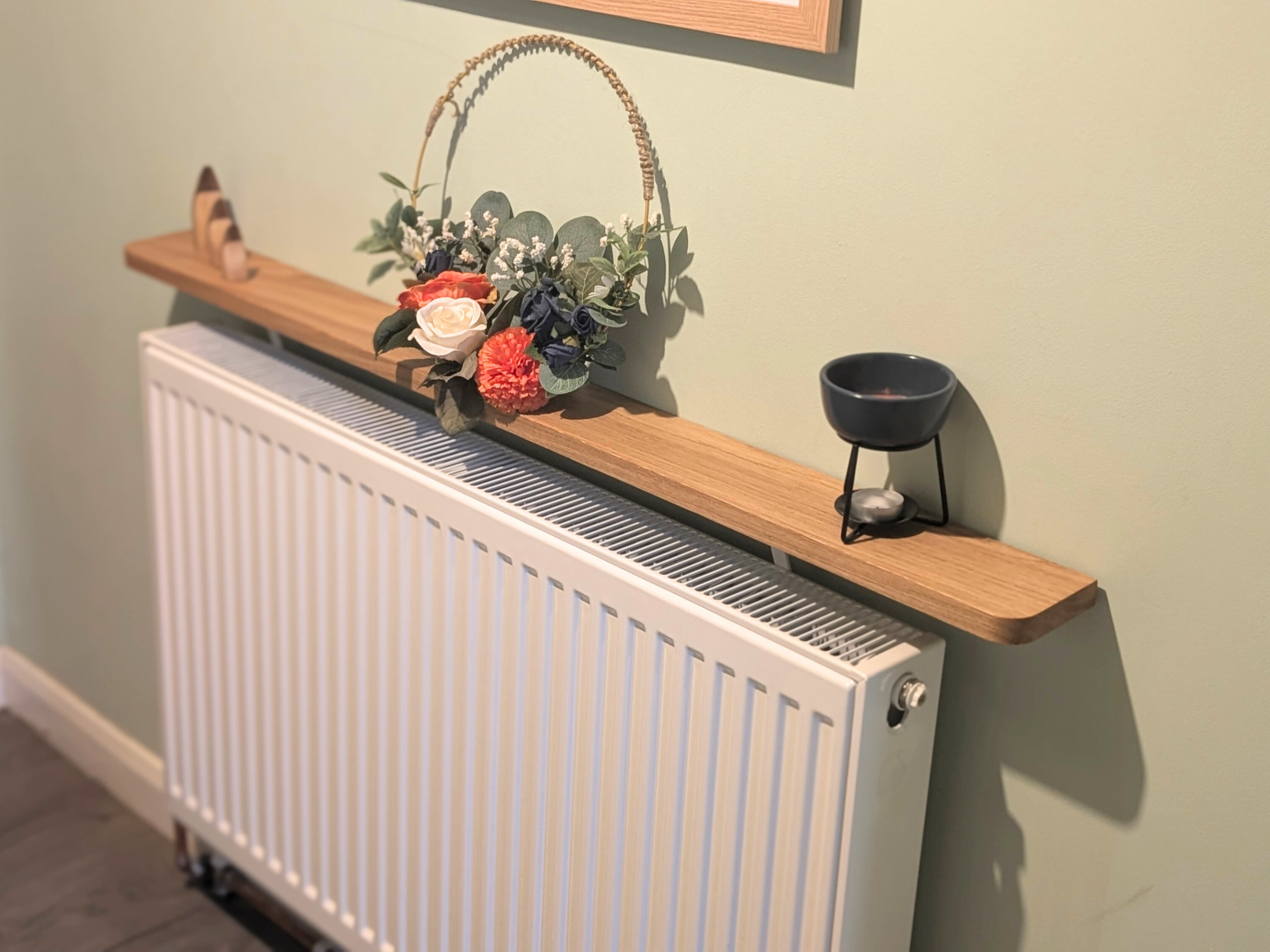 120cm no drill oak radiator shelf 10cm depth - angled image