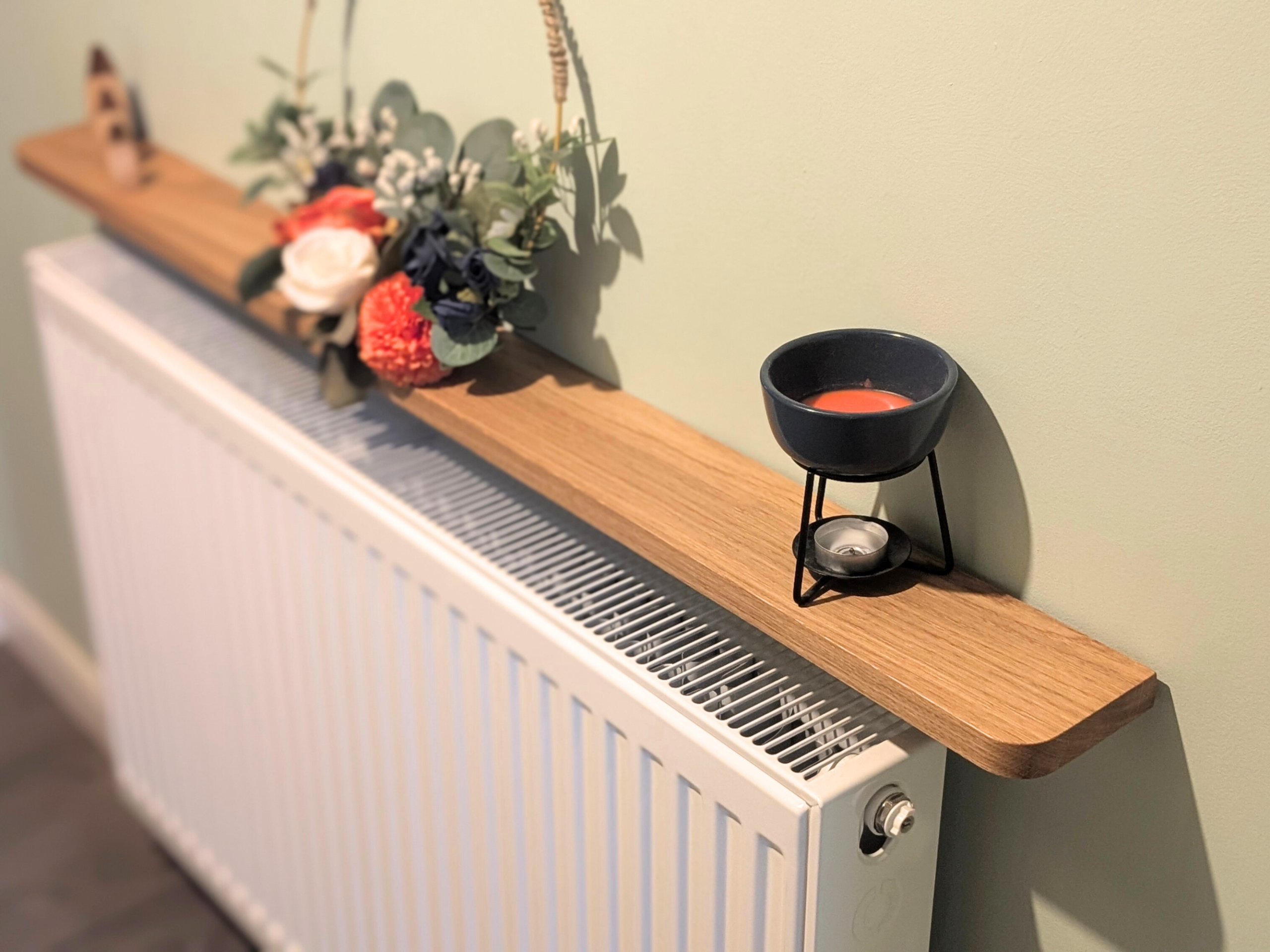 120cm no drill oak radiator shelf 10cm depth - angled image