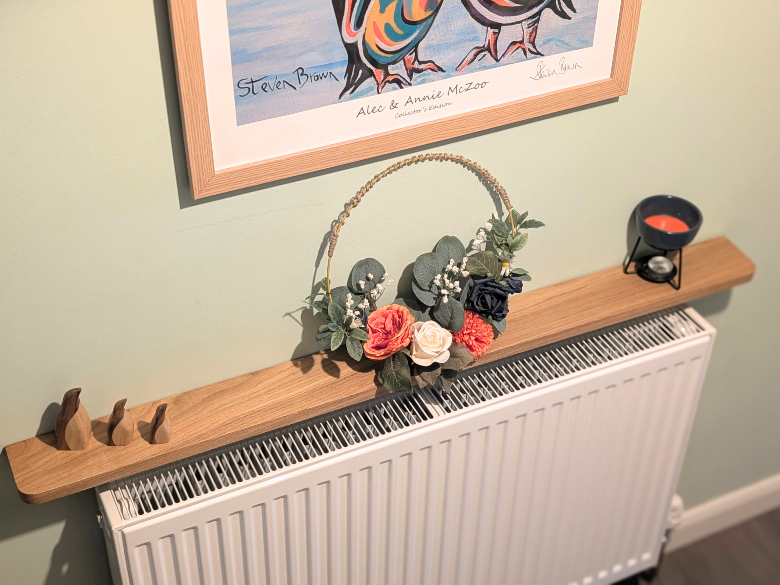 120cm no drill oak radiator shelf 10cm depth - angled image