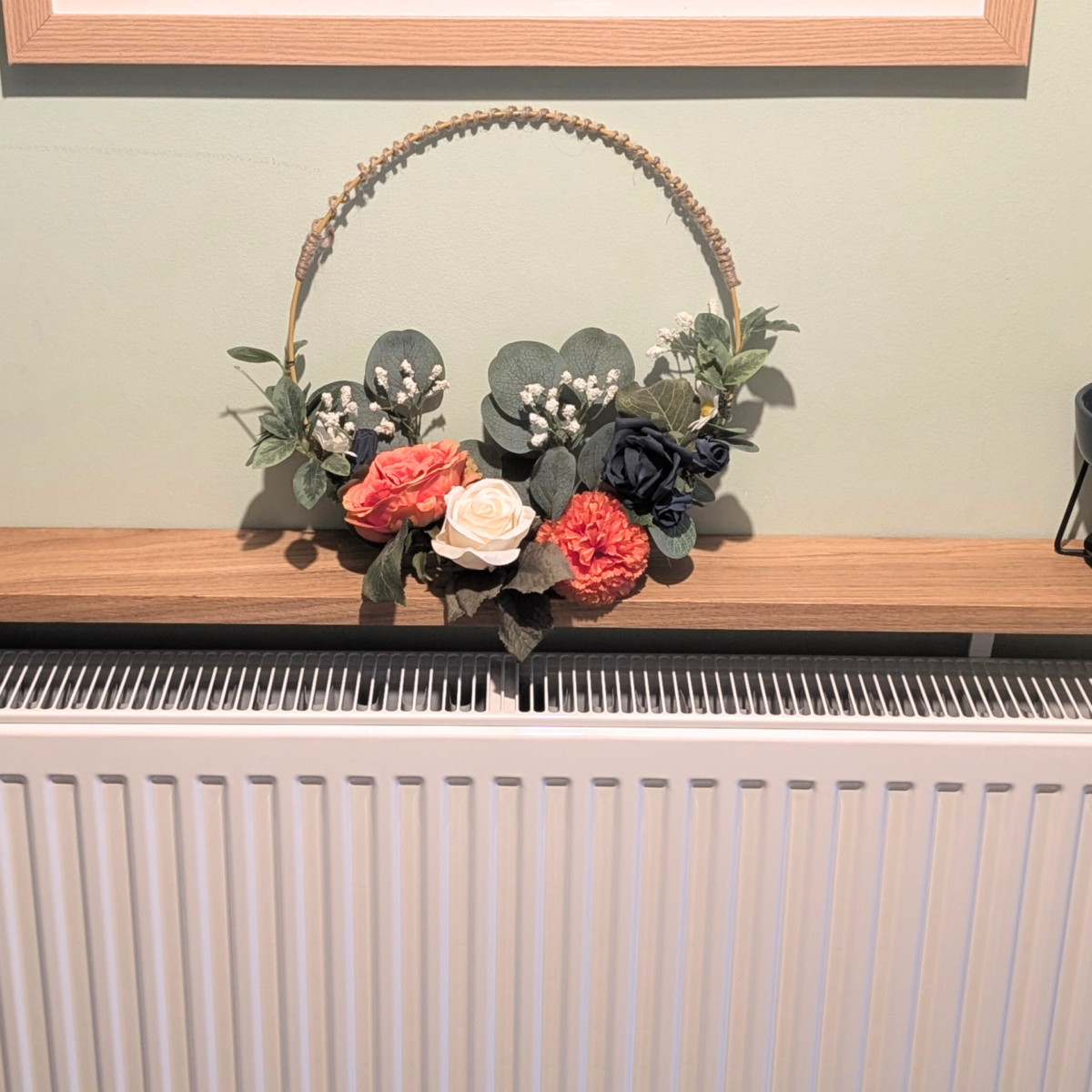 120cm no drill oak radiator shelf 10cm depth - angled image