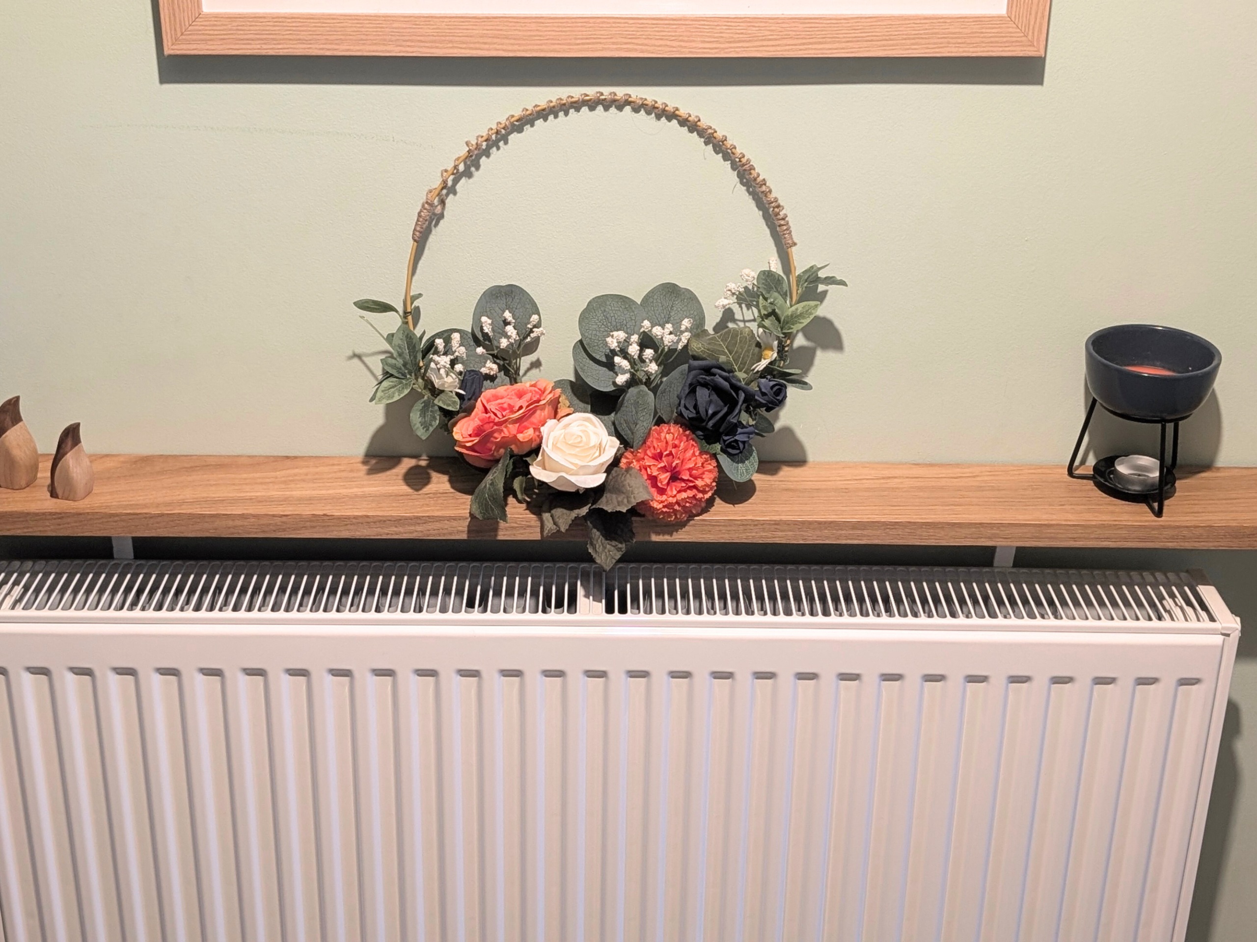 120cm no drill oak radiator shelf 10cm depth - angled image