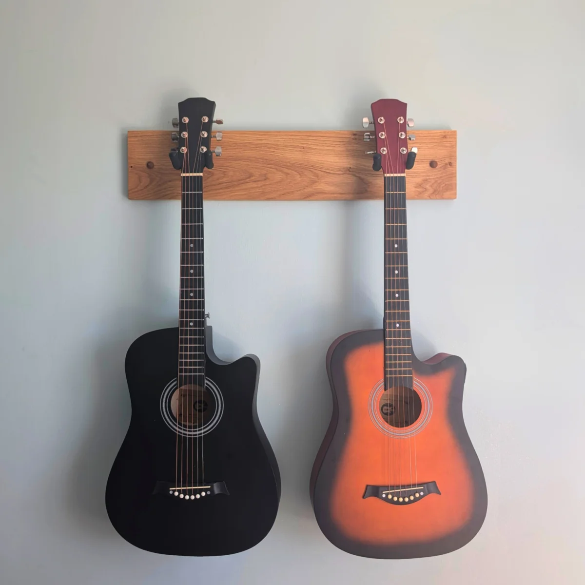 Solid Oak Double Guitar Wall mount with 2 guitars