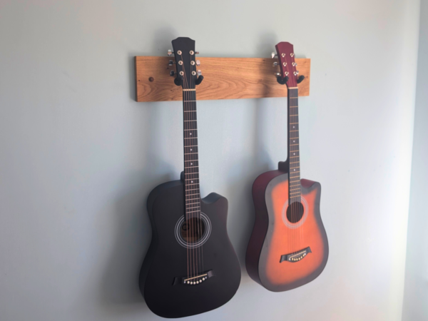 Solid Oak Guitar Wall mount with 2 guitars - angled image