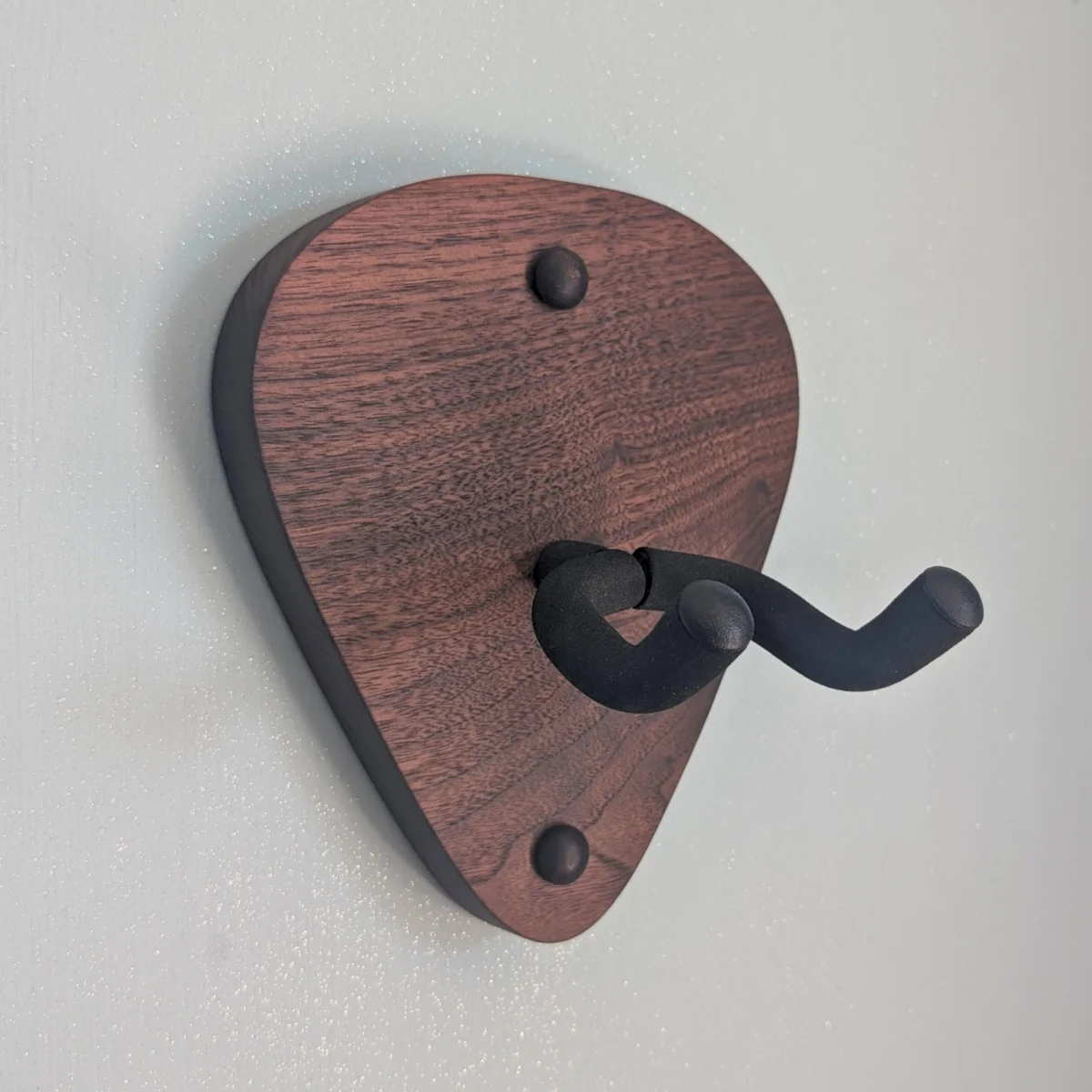 Solid Black Walnut Plectrum Guitar Mount - no guitar, angled image