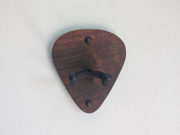 Solid Black Walnut Plectrum Guitar Mount - no guitar, straight image, closeup