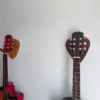 Solid Oak Plectrum Guitar Mount - with walnut version and guitars, angled