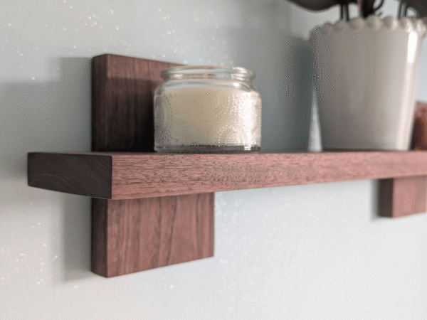 Modern Solid Black Walnut Scandi Floating Shelf - Closeup angled image